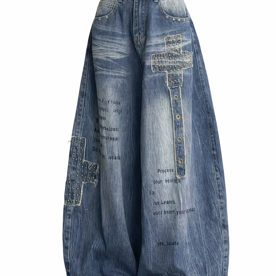 Retro Embroidered High Waist Wide Leg Jeans