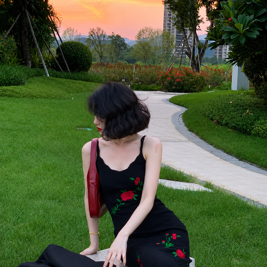Goth Y2k Crimson Rose Embroidered Slip Dress