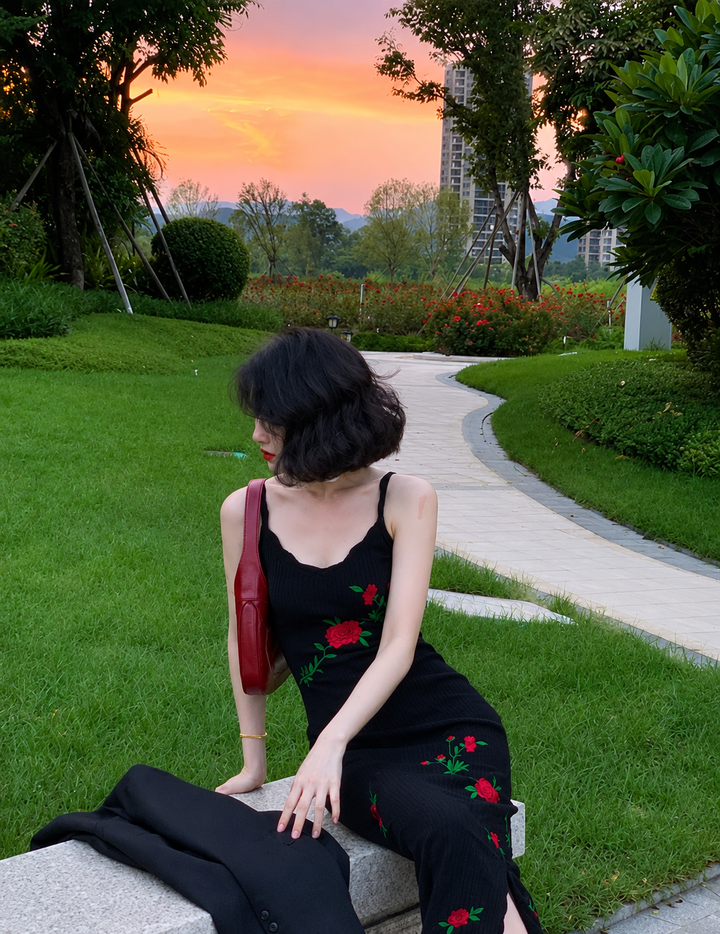 Goth Y2k Crimson Rose Embroidered Slip Dress