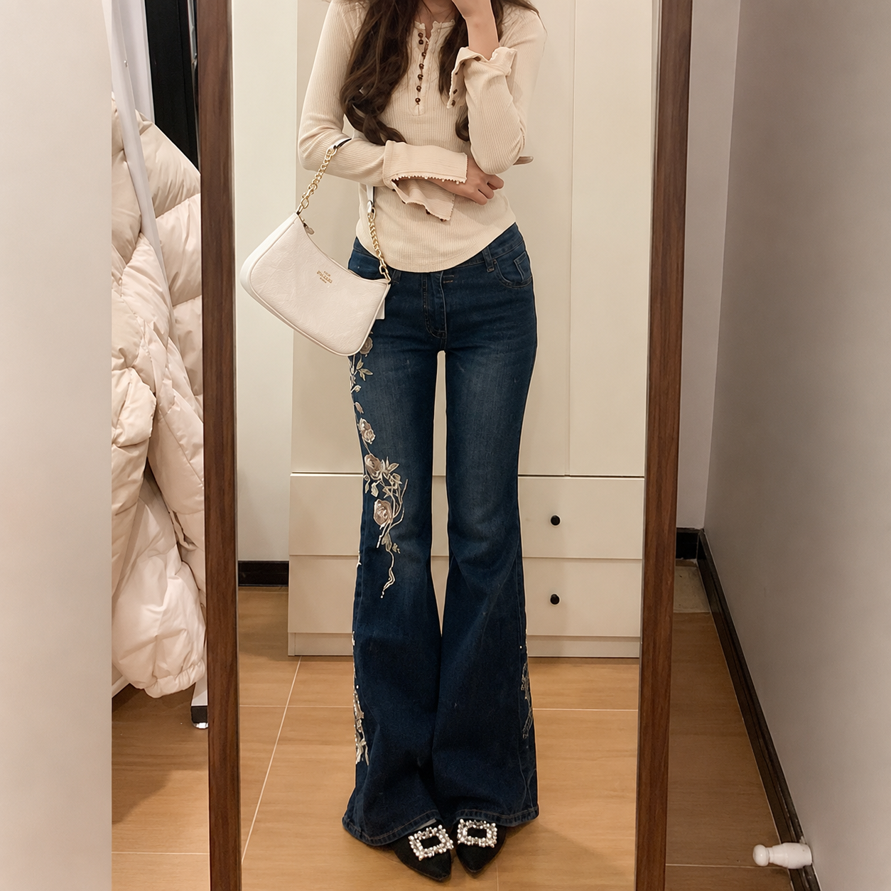 Y2K Trailing Rose Embroidered Flare Pants