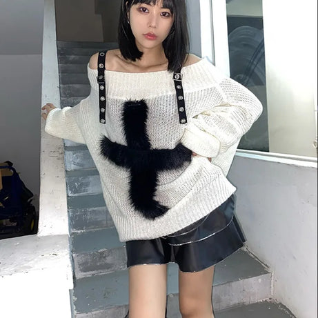 Fuzzy Strap Off-Shoulder Sweater