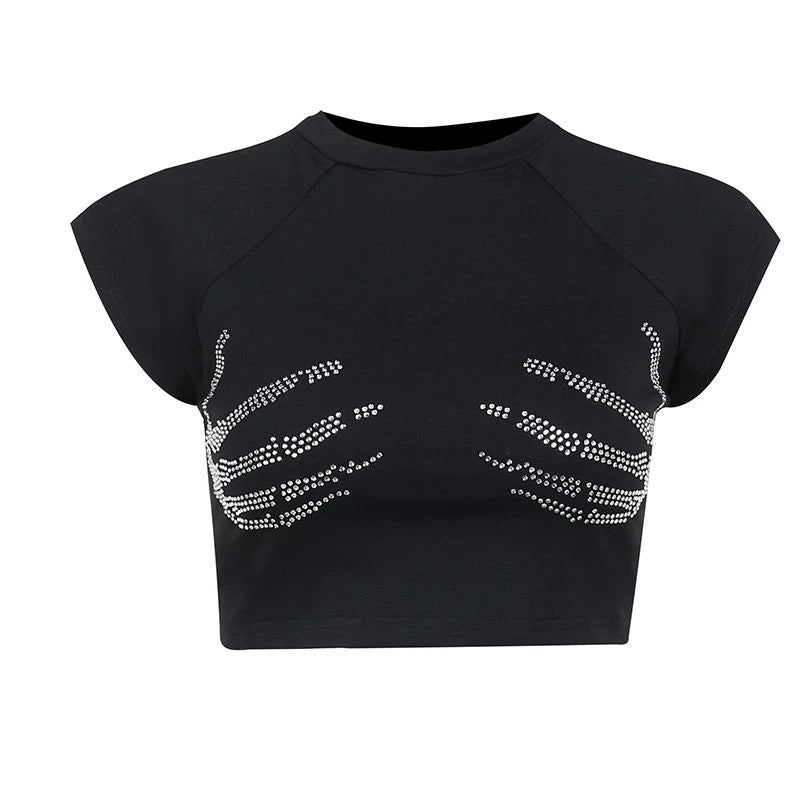Crystal Skeleton Hand Crop Top