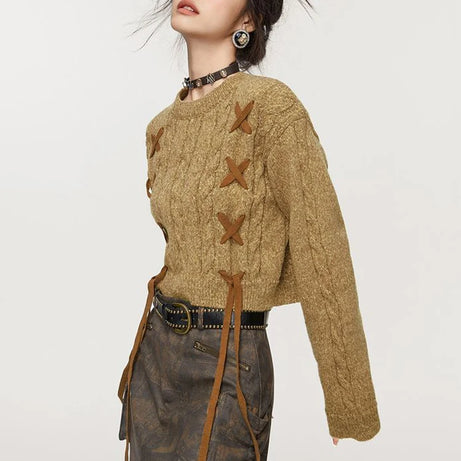 Lace-Up Cable Knit Crop Sweater