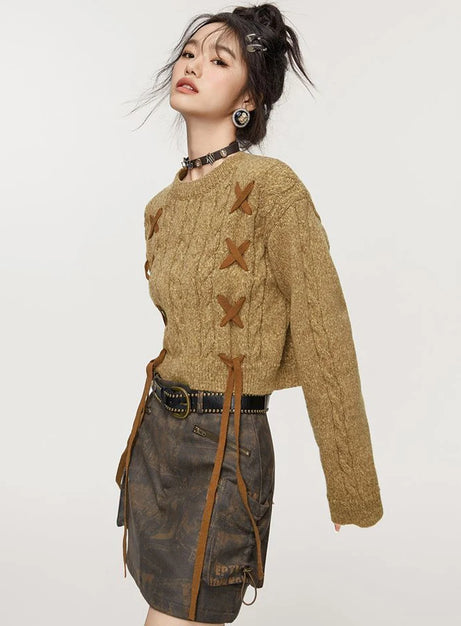 Lace-Up Cable Knit Crop Sweater
