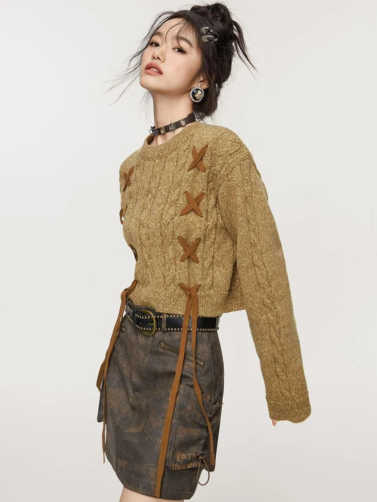 Lace-Up Cable Knit Crop Sweater
