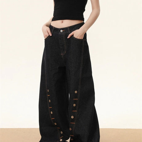 Button Detail Wide-Leg Jeans