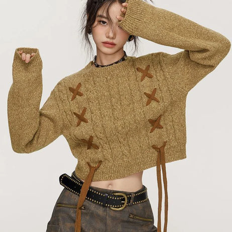 Lace-Up Cable Knit Crop Sweater