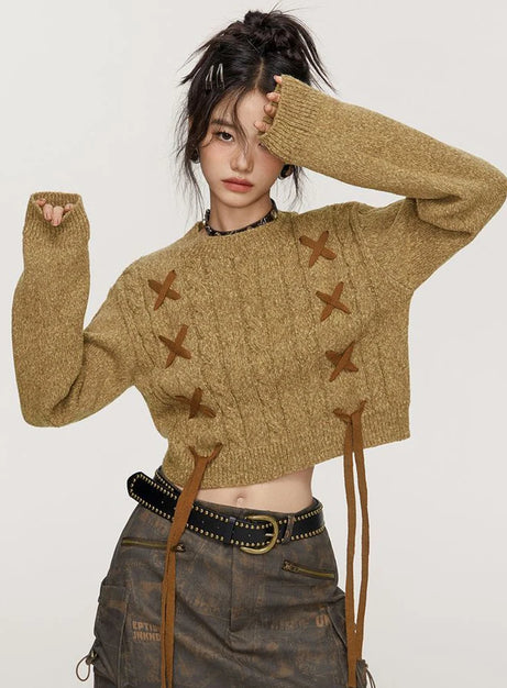 Lace-Up Cable Knit Crop Sweater