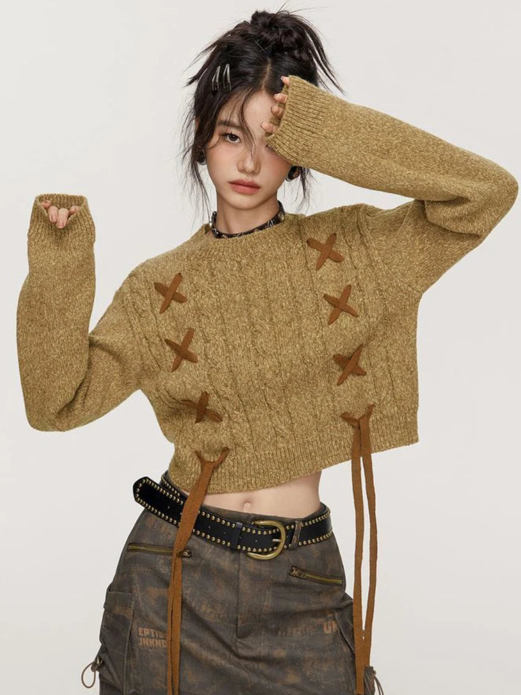 Lace-Up Cable Knit Crop Sweater