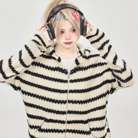 Striped Knit Bunny Ear Hoodie