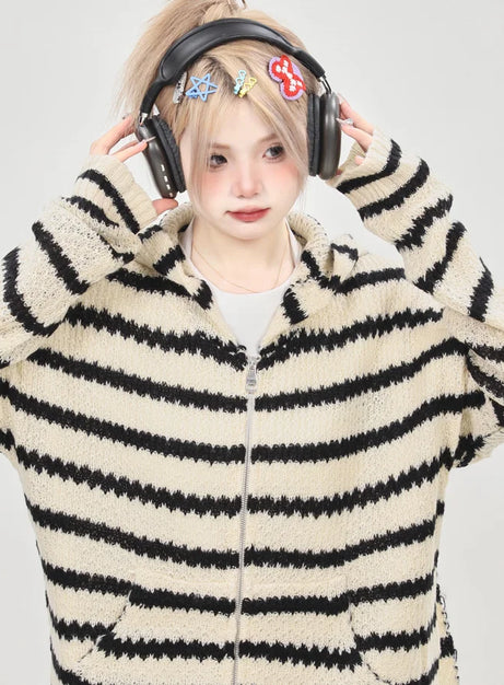Striped Knit Bunny Ear Hoodie
