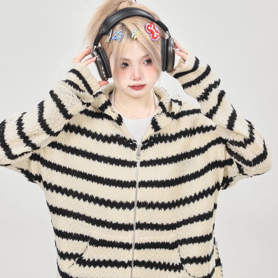 Striped Knit Bunny Ear Hoodie