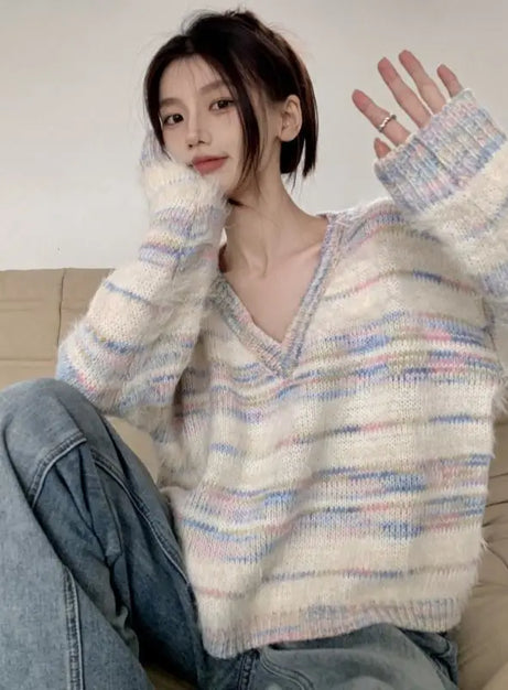 Pastel Striped Fuzzy Knit Sweater