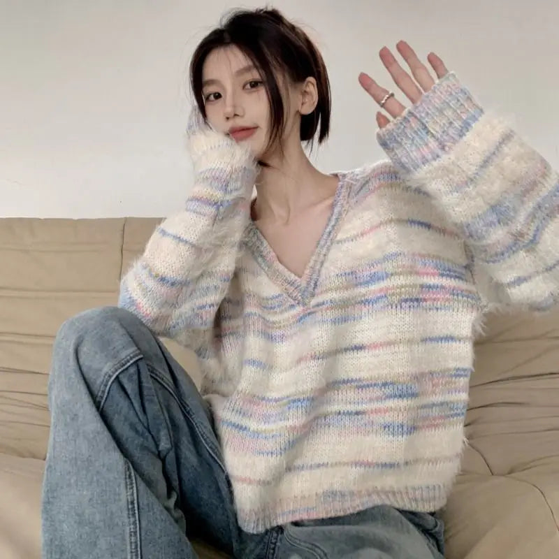 Pastel Striped Fuzzy Knit Sweater