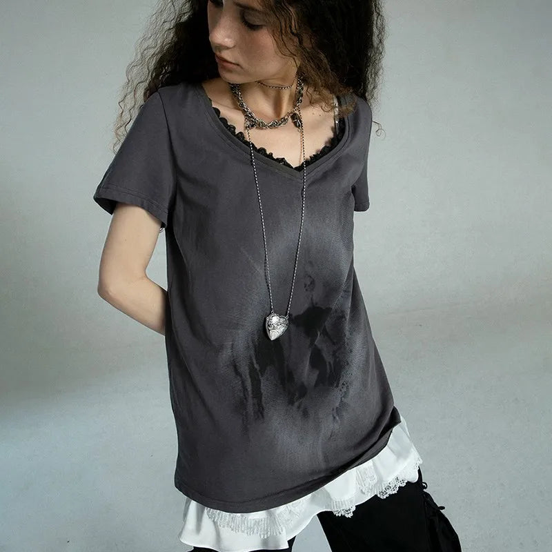 Layered Gothic Lace Trim T-Shirt