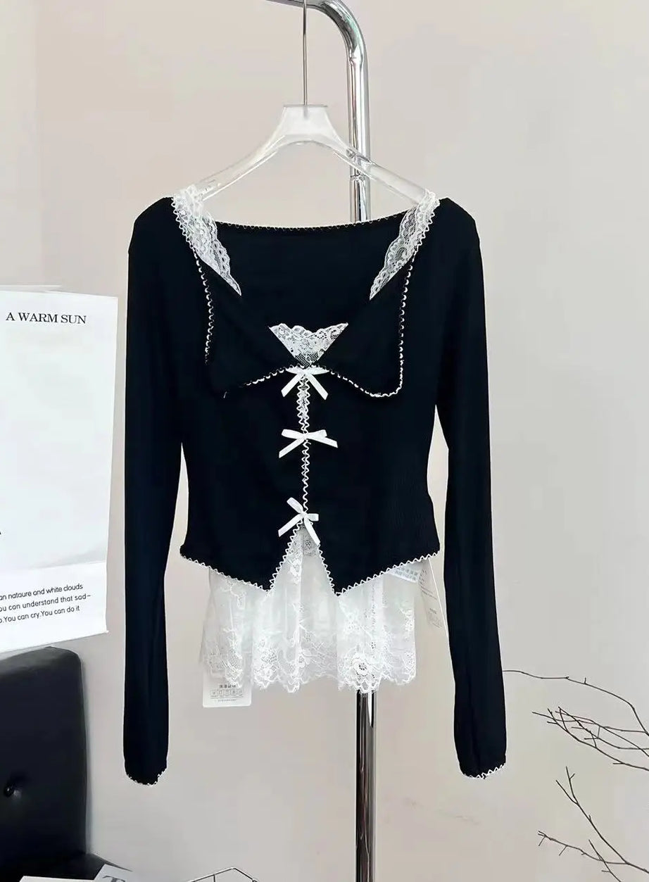 Noir Lace Bow Tie Blouse