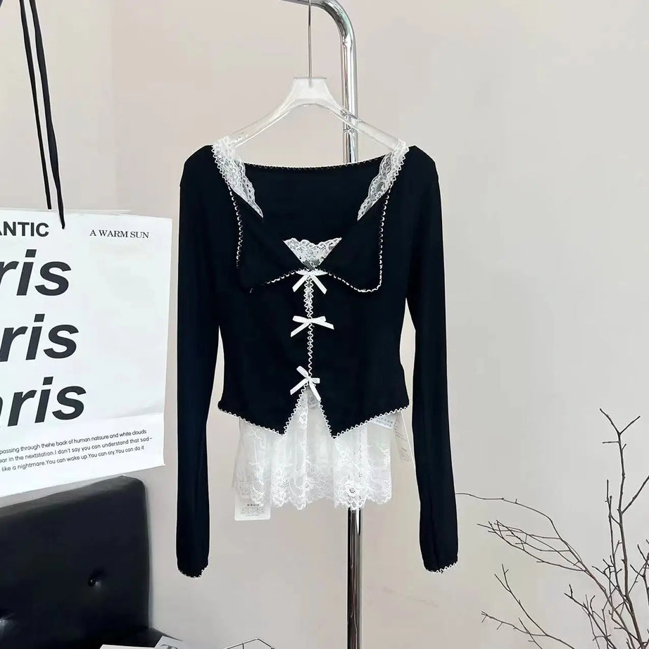 Noir Lace Bow Tie Blouse