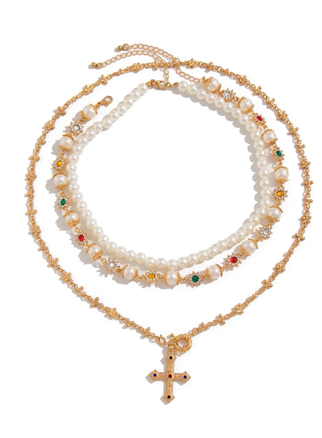 Royal Pearl Cross Layered Necklace
