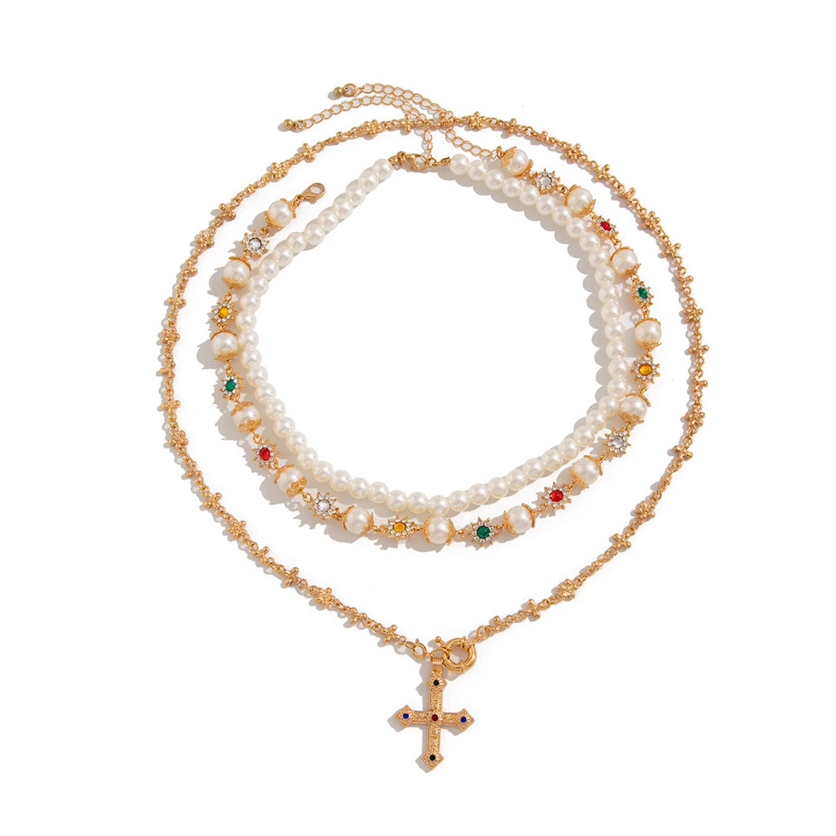 Royal Pearl Cross Layered Necklace