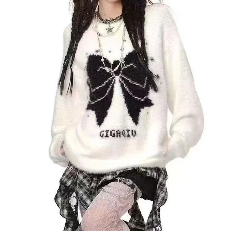 Gothic Bow Fuzzy Knit Sweater