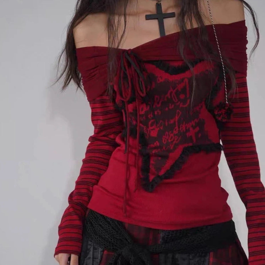 Crimson Chaos Off-Shoulder Top