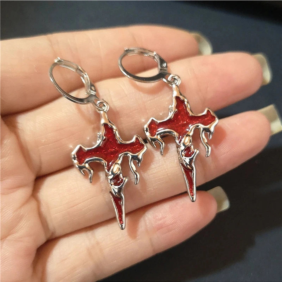 Crimson Gothic Cross Earrings