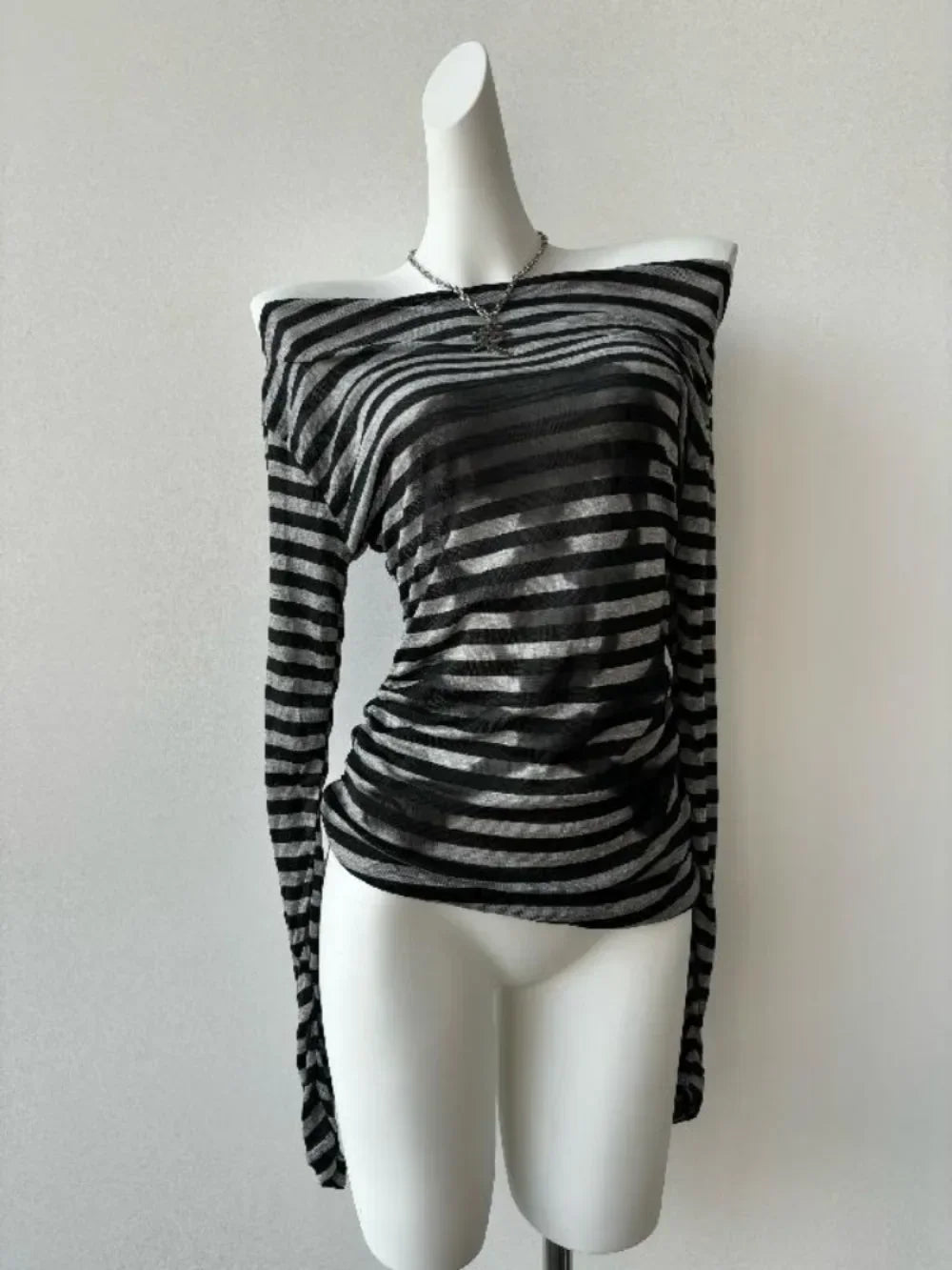 Striped Shadow Print Mesh Top
