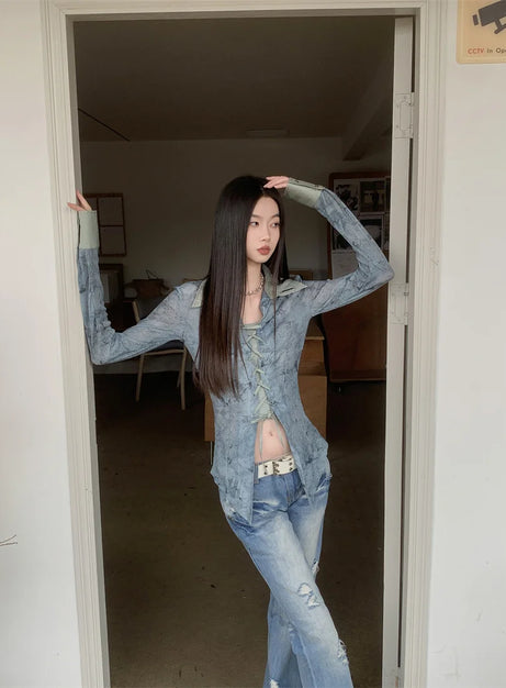 Lace-Up Distressed Denim Blouse