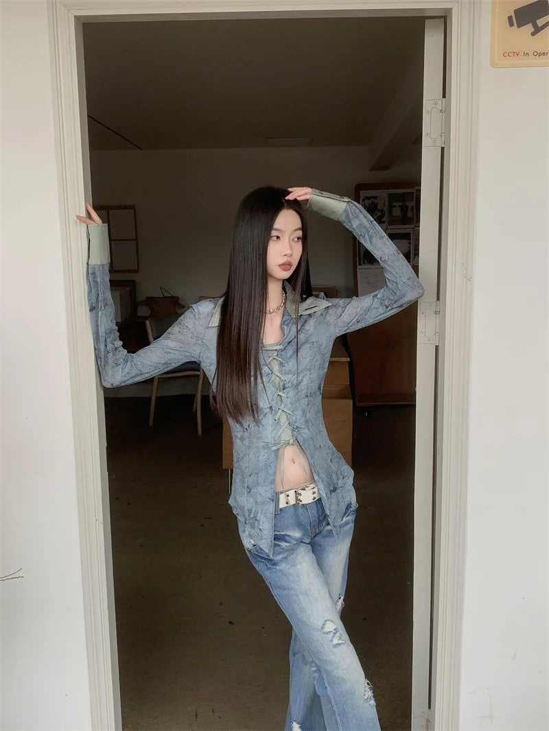 Lace-Up Distressed Denim Blouse