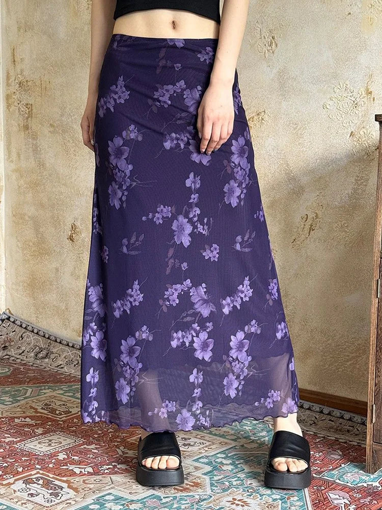 Y2K Violet Bloom Midi Skirt