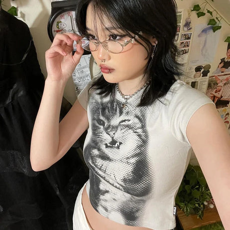 Pixelated Cat Graphic Crop Top