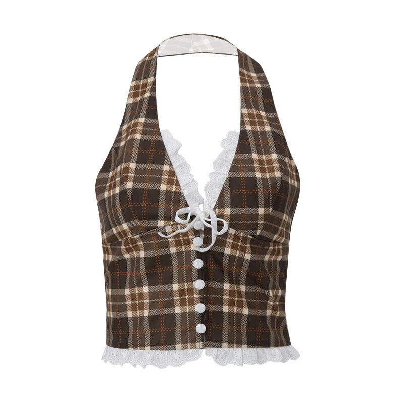 Plaid Lace Trim Corset Crop Top
