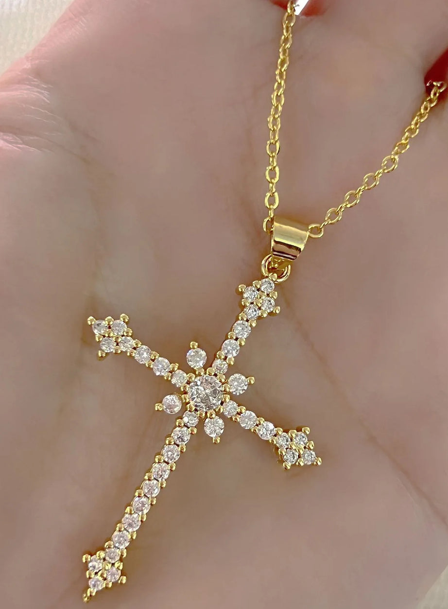 Crystal Rose Gothic Cross Necklace