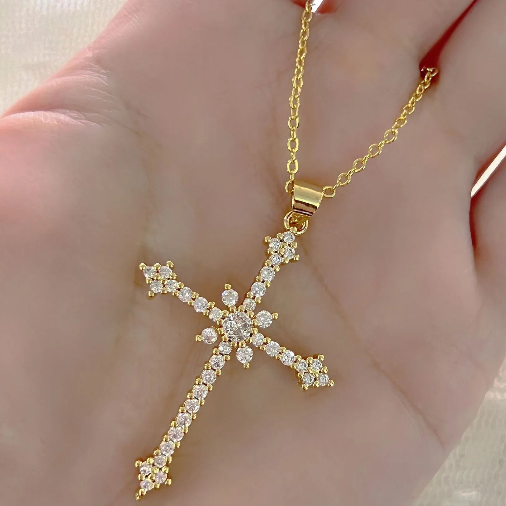 Crystal Rose Gothic Cross Necklace