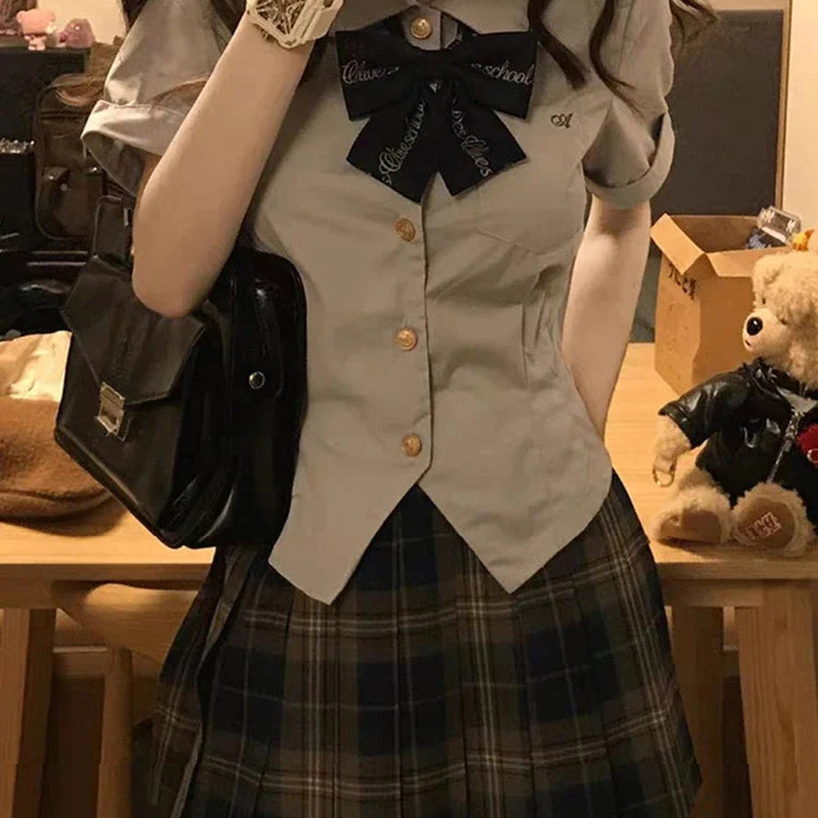 Y2k Japanese Preppy Style High Quality Outfits 2 Piece Set Turn-Down Collar Bow Crop Top + Hight Waist Formal Plaid A-Line Skirt