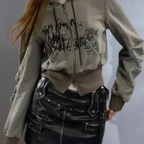 Grunge Graphic Cropped Zip Hoodie