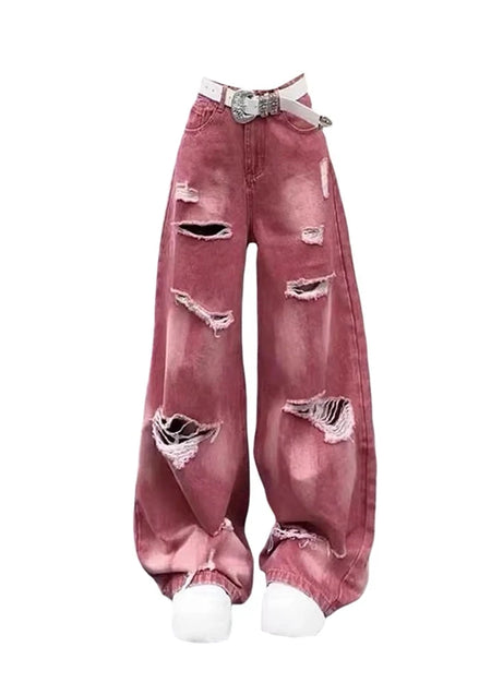 Retro Rose Distressed Baggy Jeans