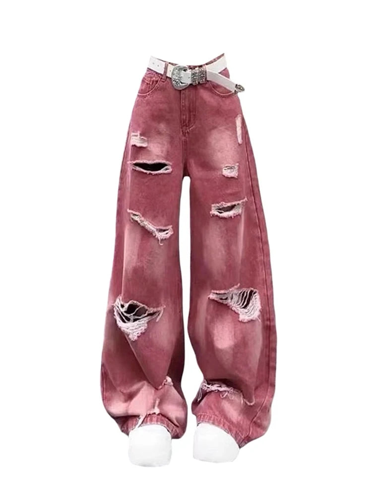 Retro Rose Distressed Baggy Jeans