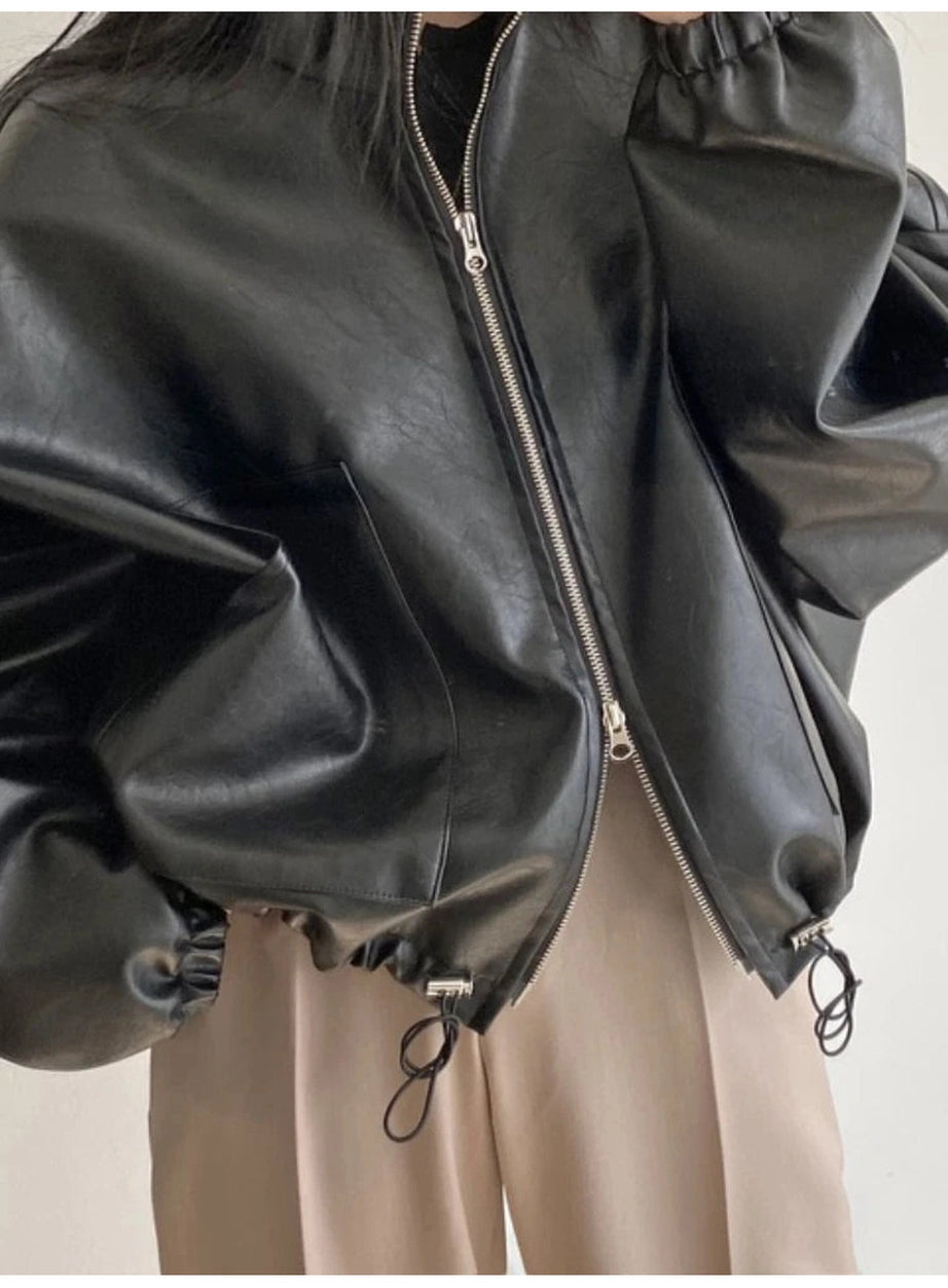 Oversized Faux Leather Bomber Jacket