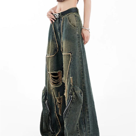 Grunge Zipper Wide-Leg Jeans
