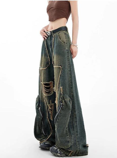 Grunge Zipper Wide-Leg Jeans