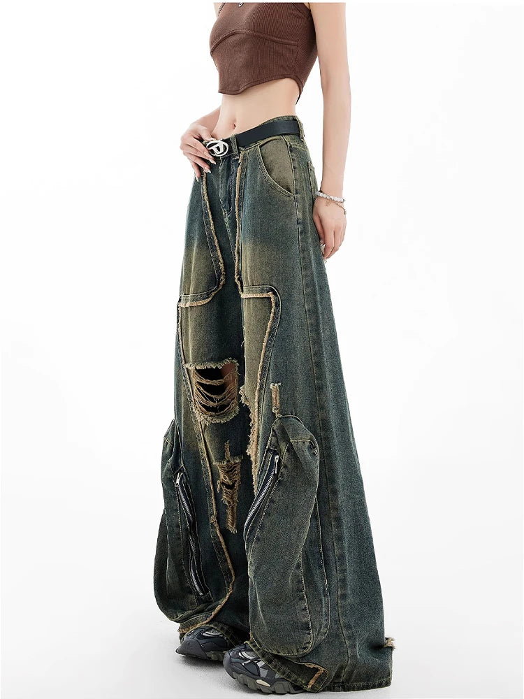 Grunge Zipper Wide-Leg Jeans