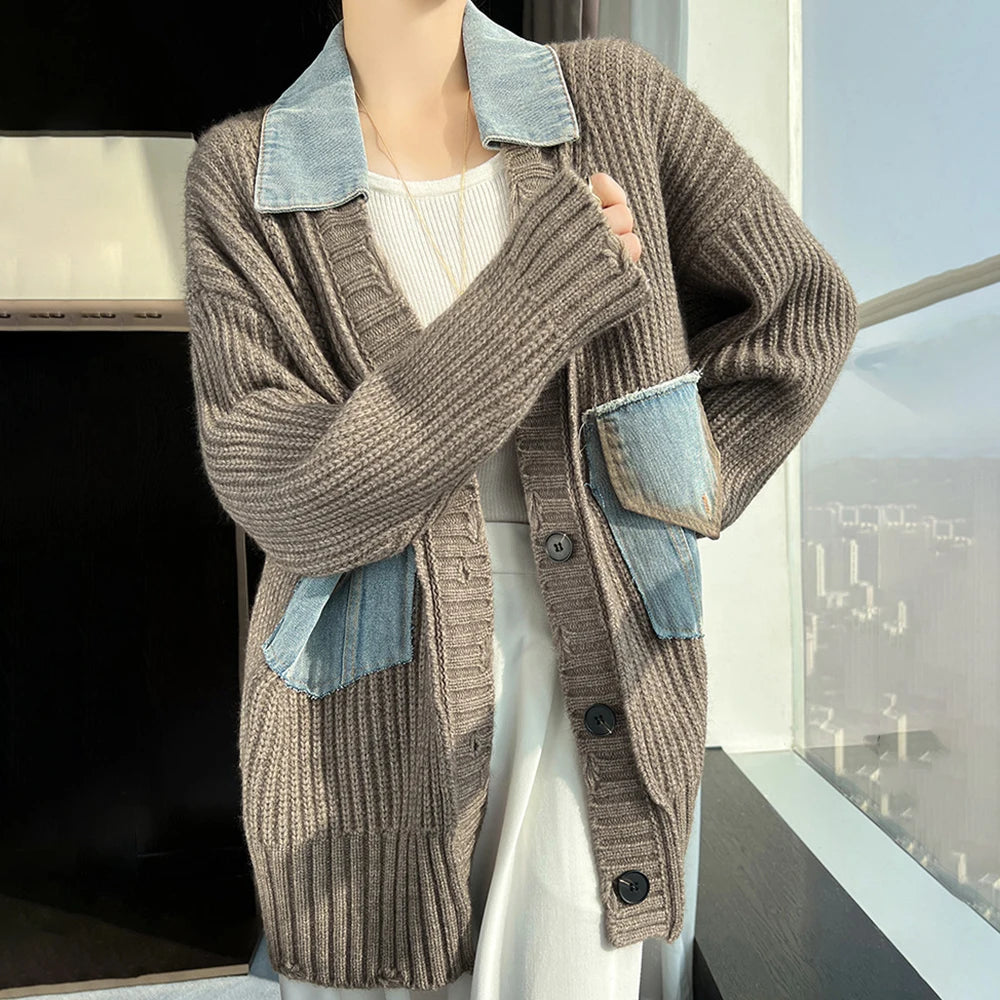 Denim Patchwork Grandpa Cardigan