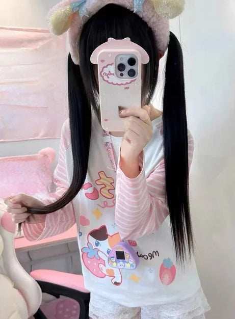 Japanisches Patchwork Rosa Streifen Casual T-Shirt Herbst Cartoon Druck Harajuku Tops Grunge Kawaii Niedlich Y2k Ästhetische T-Shirts