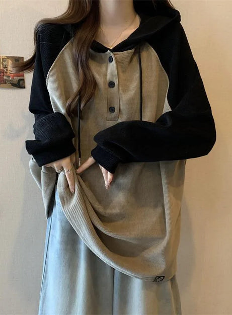 Two-Tone Button-Up Hooded Sweatshirt