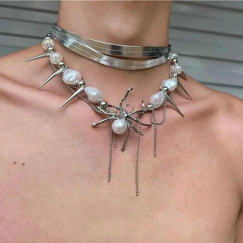 Y2k Spider Queen Pearl Spike Choker