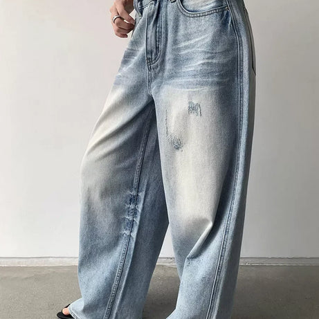 Distressed Light-Wash Wide-Leg Jeans