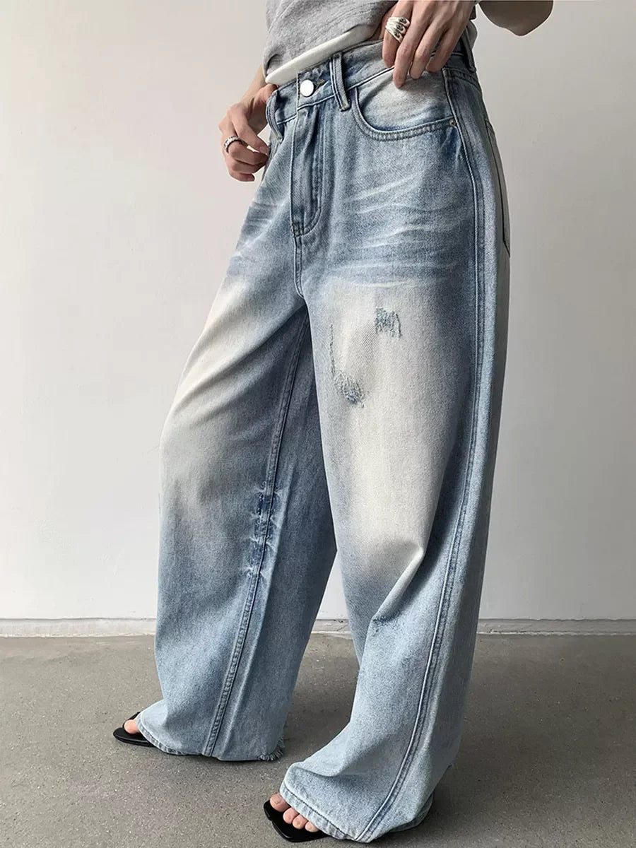 Distressed Light-Wash Wide-Leg Jeans