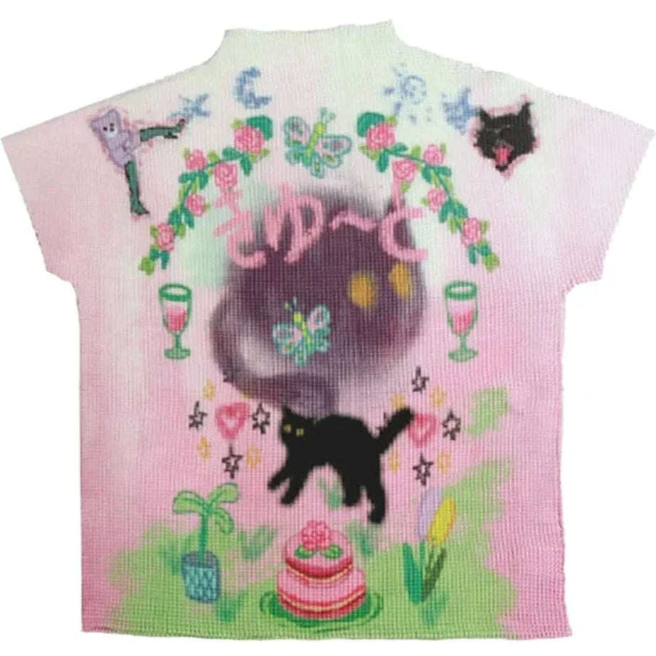 Whimsical Pastel Cat Knit T-Shirt