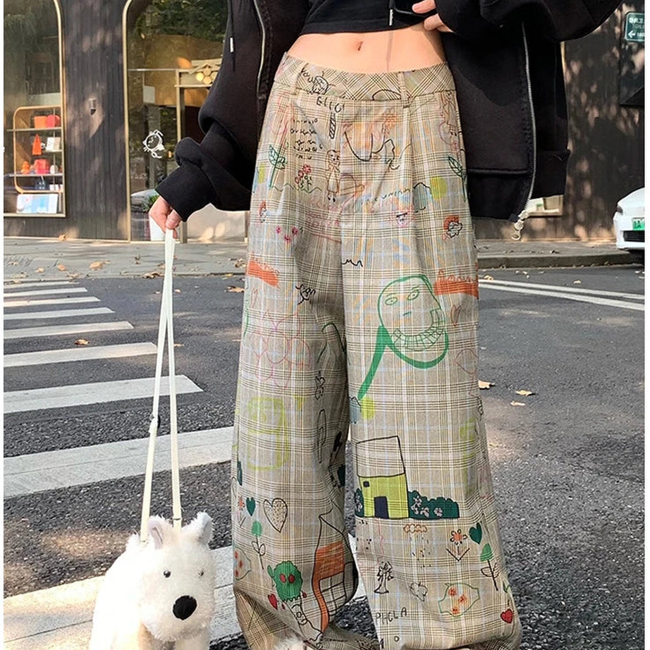 Y2k Doodle Dreams Plaid Pants